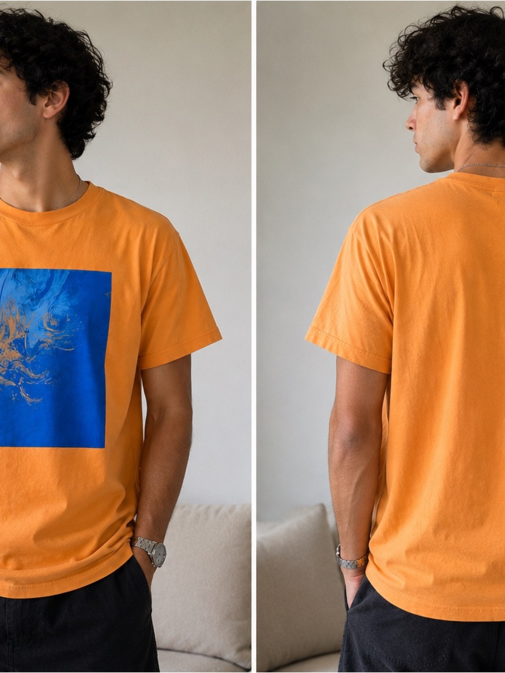 American Eagle Outfitters Orange T‑Shirt with Blue Graphic Square
